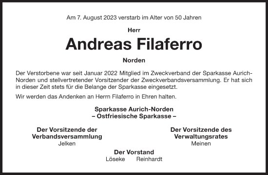 Traueranzeige von Andreas Filaferro von Ostfriesischer Kurier