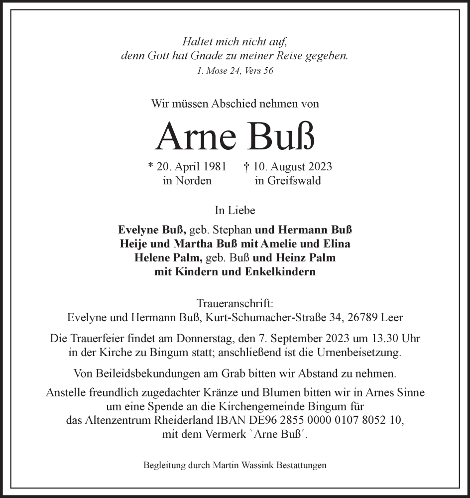  Traueranzeige für Arne Buß vom 19.08.2023 aus Ostfriesischer Kurier