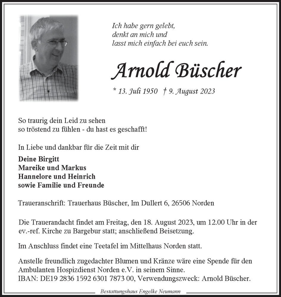  Traueranzeige für Arnold Büscher vom 12.08.2023 aus Ostfriesischer Kurier