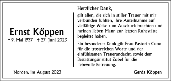 Traueranzeige von Bestattungen Köppen von Ostfriesischer Kurier