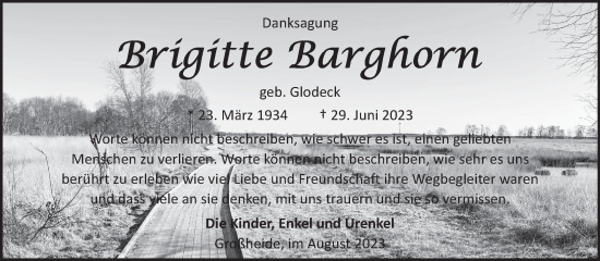 Traueranzeige von Brigitte Barghorn von Ostfriesischer Kurier