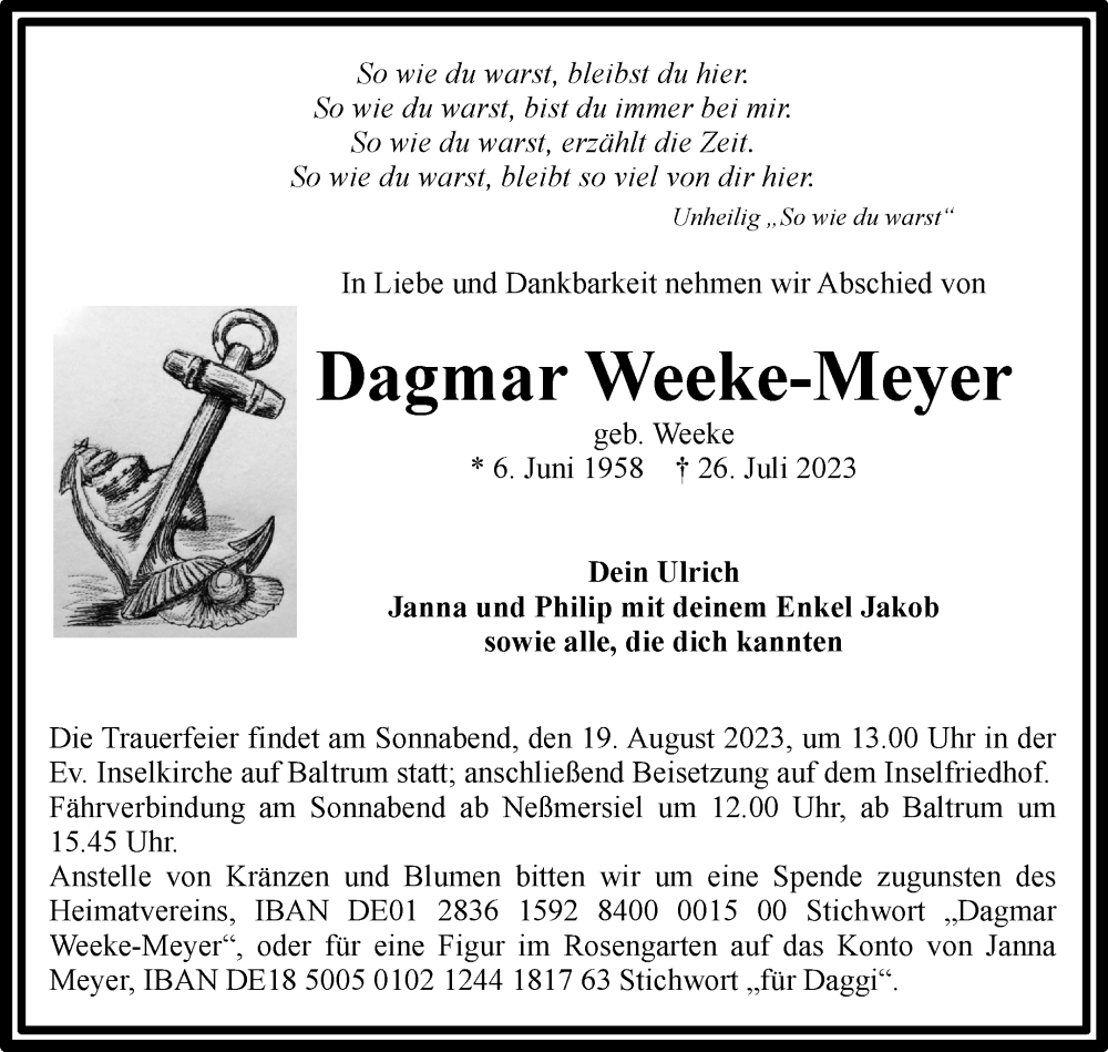 Traueranzeige für Dagmar Weeke-Meyer vom 12.08.2023 aus Ostfriesischer Kurier