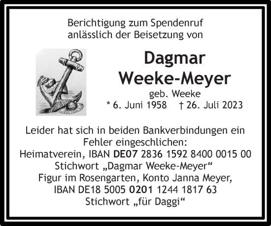 Traueranzeige von Dagmar Weeke-Meyer von Ostfriesischer Kurier