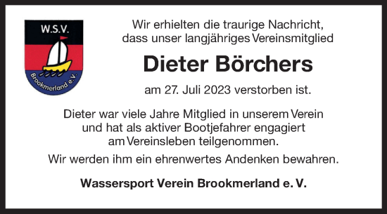 Traueranzeige von Dieter Börchers von Ostfriesischer Kurier