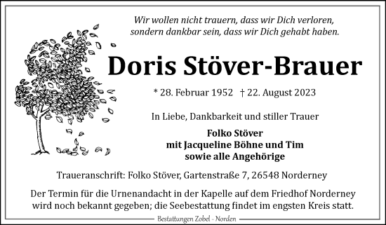 Traueranzeige von Doris Stöver-Brauer von Ostfriesischer Kurier