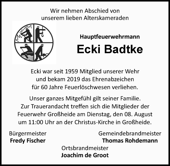 Traueranzeige von Ecki Badtke von Ostfriesischer Kurier