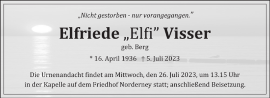 Traueranzeige von Elfriede Visser von Ostfriesischer Kurier