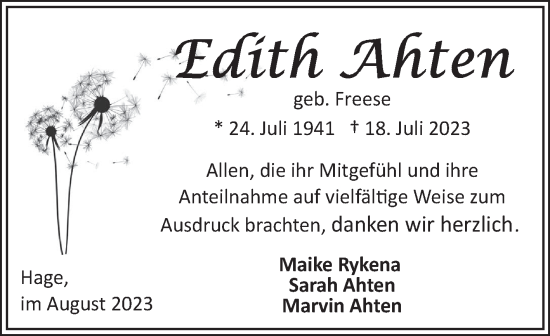 Traueranzeige von Edith Ahten von Ostfriesischer Kurier