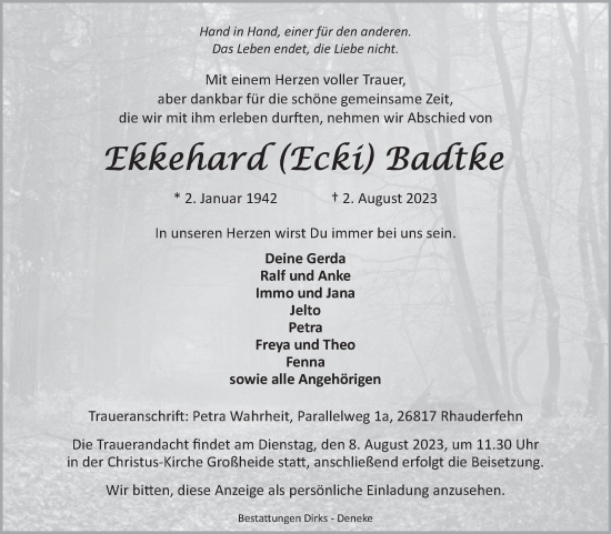 Traueranzeige von Ekkehard  Badtke von Ostfriesischer Kurier