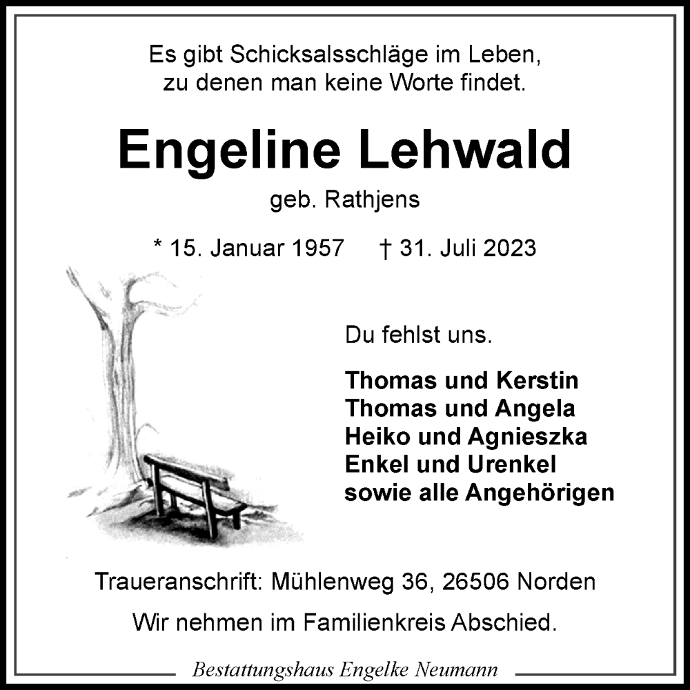  Traueranzeige für Engeline Lehwald vom 05.08.2023 aus Ostfriesischer Kurier