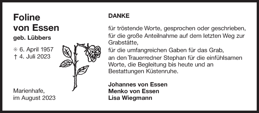  Traueranzeige für Foline von Essen vom 26.08.2023 aus Ostfriesischer Kurier