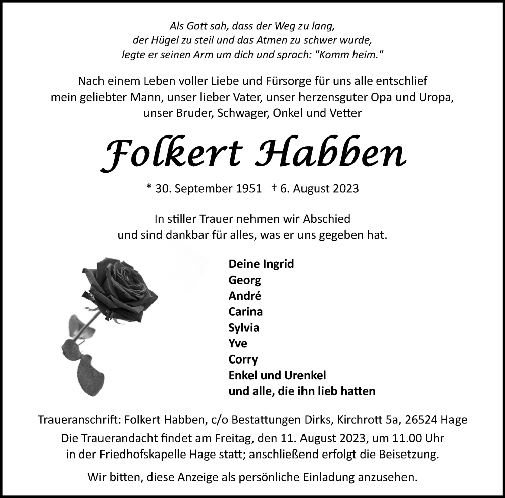  Traueranzeige für Folkert Habben vom 10.08.2023 aus Ostfriesischer Kurier