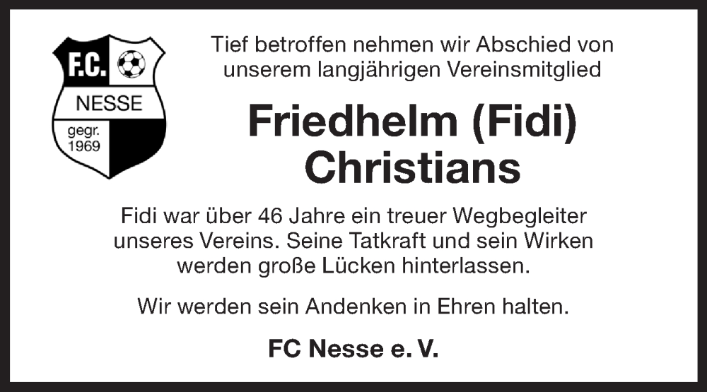  Traueranzeige für Friedhelm Christians vom 10.08.2023 aus Ostfriesischer Kurier