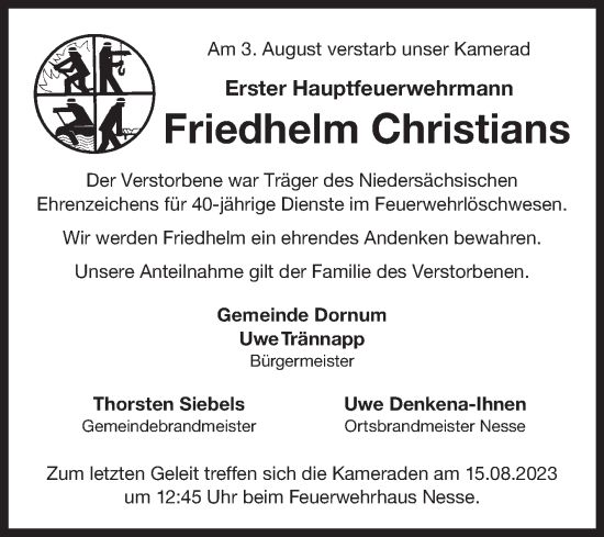 Traueranzeige von Friedhelm Christians von Ostfriesischer Kurier