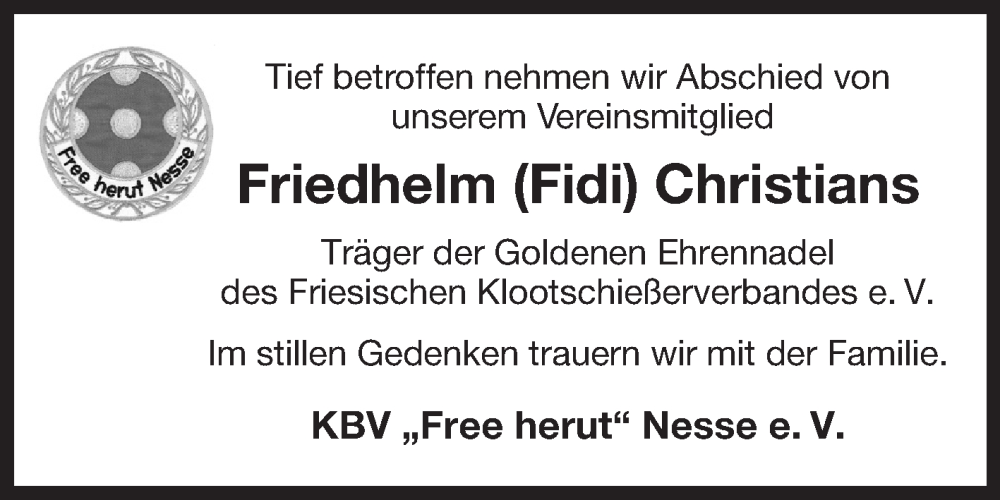  Traueranzeige für Friedhelm Christians vom 08.08.2023 aus Ostfriesischer Kurier