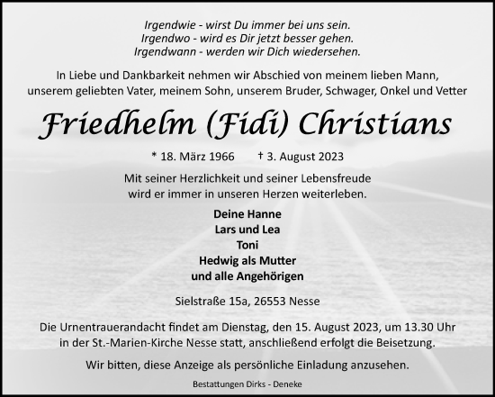 Traueranzeige von Friedhelm Christians von Ostfriesischer Kurier