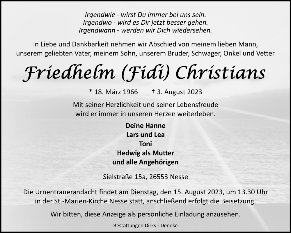  Traueranzeige für Friedhelm Christians vom 07.08.2023 aus Ostfriesischer Kurier