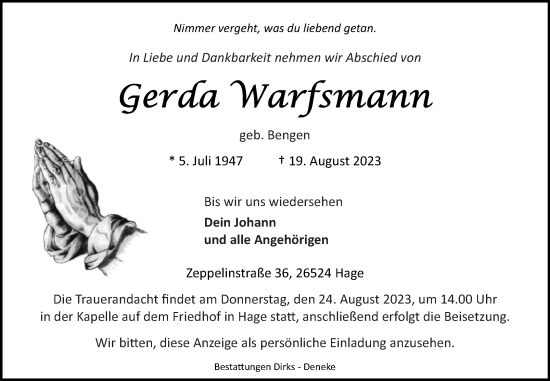 Traueranzeige von Gerda Warfsmann von Ostfriesischer Kurier