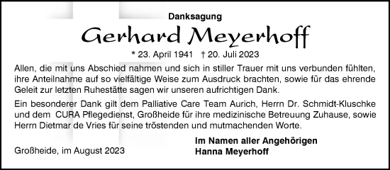 Traueranzeige von Gerhard Meyerhoff von Ostfriesischer Kurier