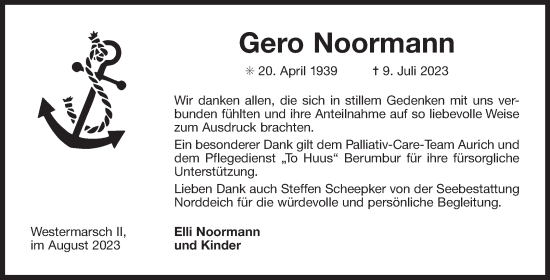 Traueranzeige von Gero Noormann von Ostfriesischer Kurier