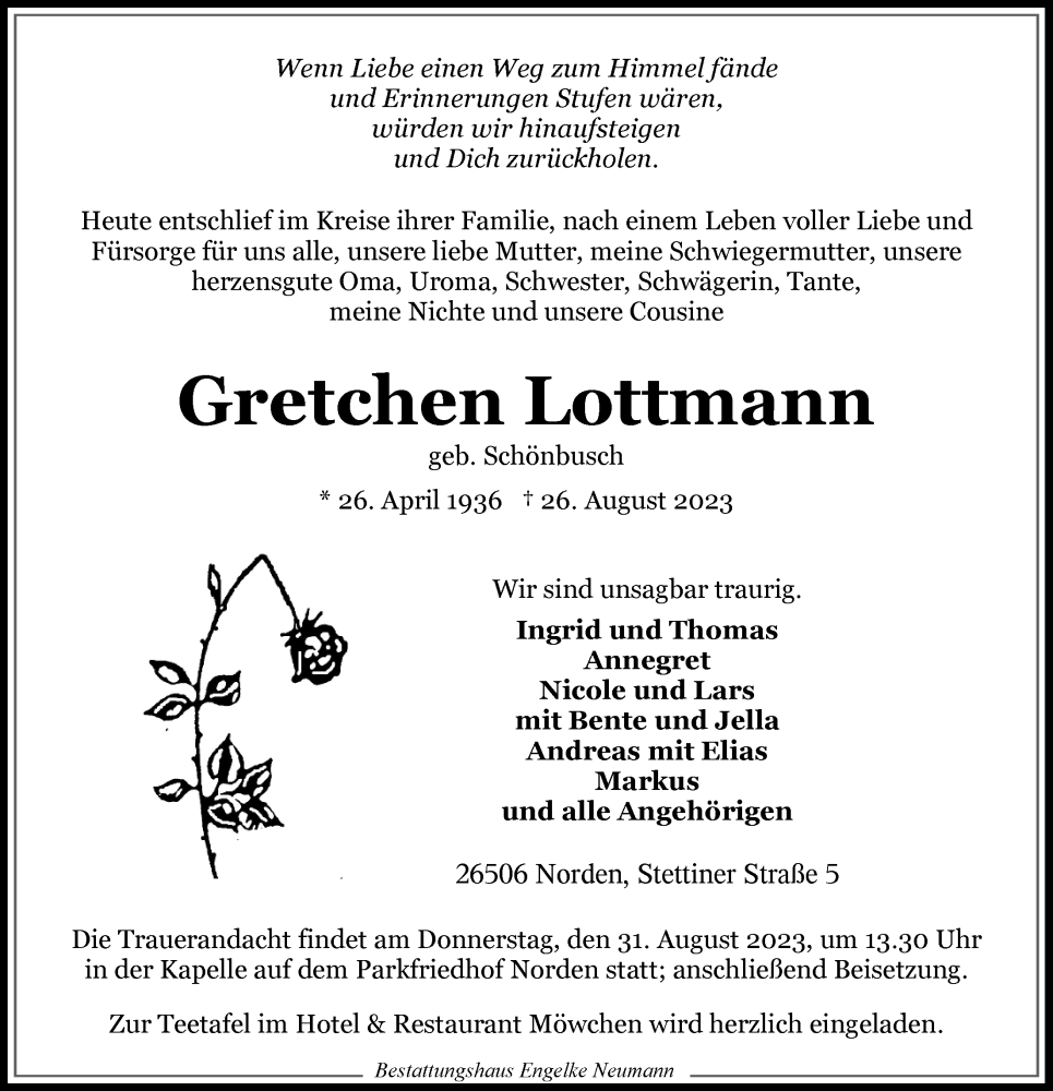  Traueranzeige für Gretchen Lottmann vom 28.08.2023 aus Ostfriesischer Kurier