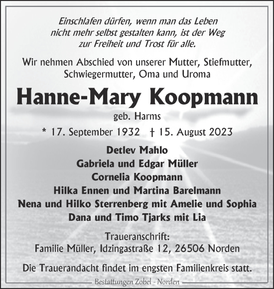Traueranzeige von Hanne-Mary Koopmann von Ostfriesischer Kurier