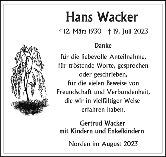 Traueranzeige von Hans Wacker von Ostfriesischer Kurier