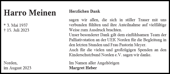 Traueranzeige von Harro Meinen von Ostfriesischer Kurier