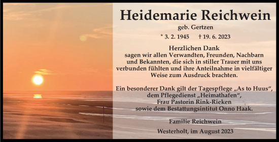Traueranzeige von Heidemarie Reichwein von Ostfriesischer Kurier