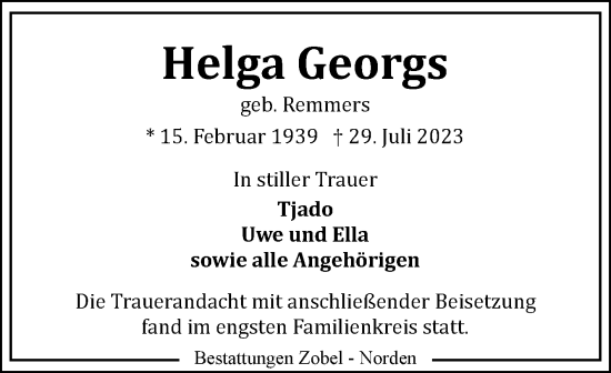 Traueranzeige von Helga Georgs von Ostfriesischer Kurier