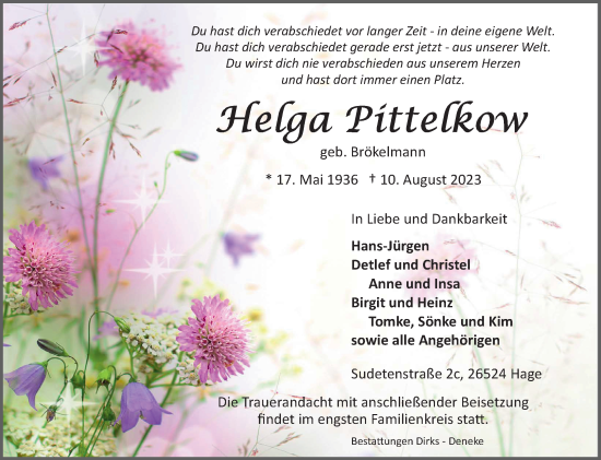 Traueranzeige von Helga Pittelkow von Ostfriesischer Kurier