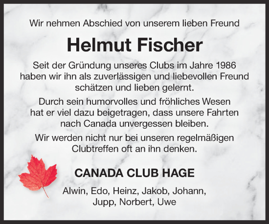 Traueranzeige von Helmut Fischer 