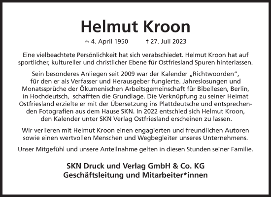 Traueranzeige von Helmut Kroon von Ostfriesischer Kurier