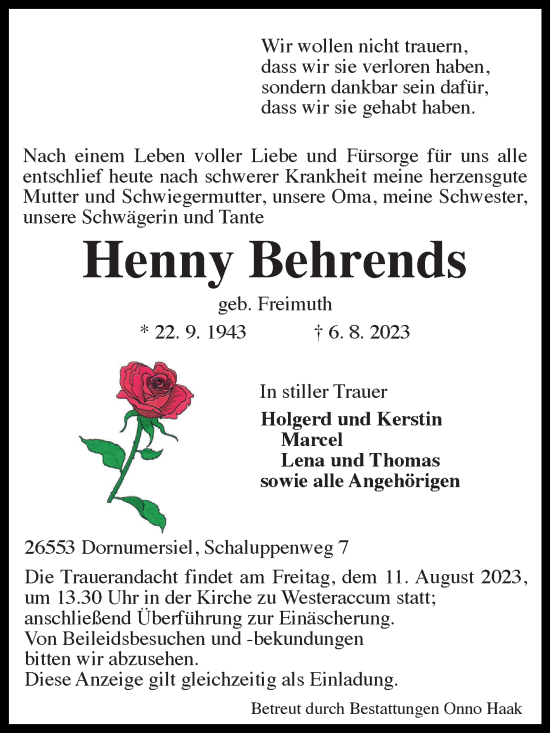 Traueranzeige von Henny Behrends von Ostfriesischer Kurier