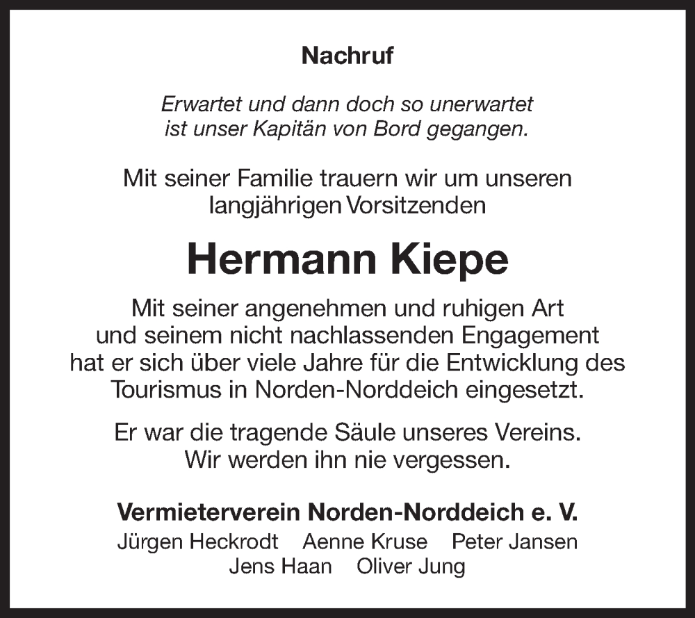  Traueranzeige für Hermann Kiepe vom 05.08.2023 aus Ostfriesischer Kurier