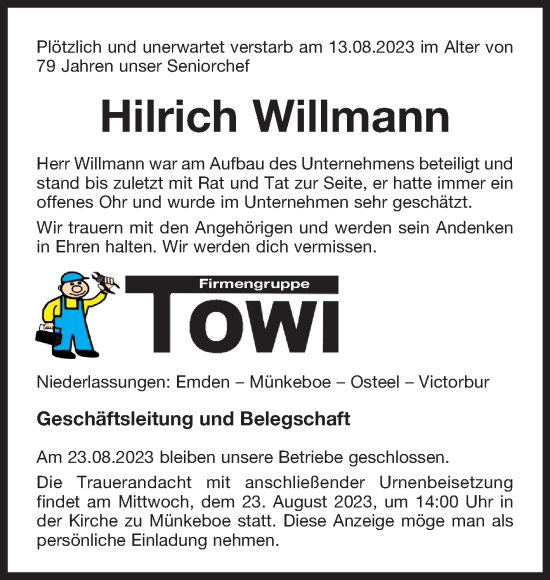 Traueranzeige von Hilrich Willmann von Ostfriesischer Kurier