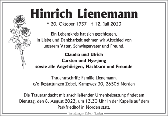 Traueranzeige von Hinrich Lienemann von Ostfriesischer Kurier