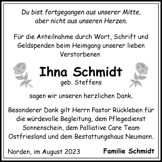 Traueranzeige von Ihna Schmidt von Ostfriesischer Kurier