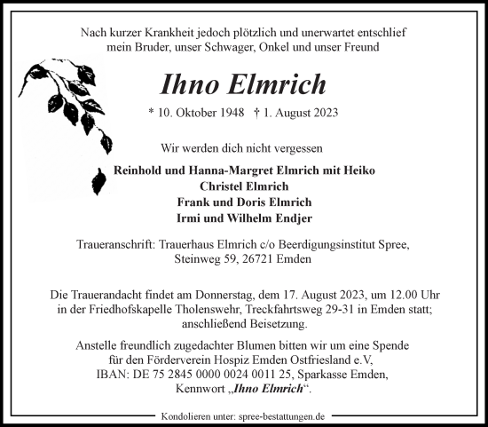 Traueranzeige von Ihno Elmrich von Ostfriesischer Kurier