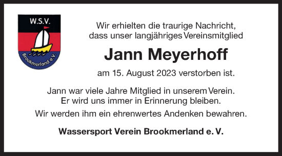 Traueranzeige von Jann Meyerhoff von Ostfriesischer Kurier