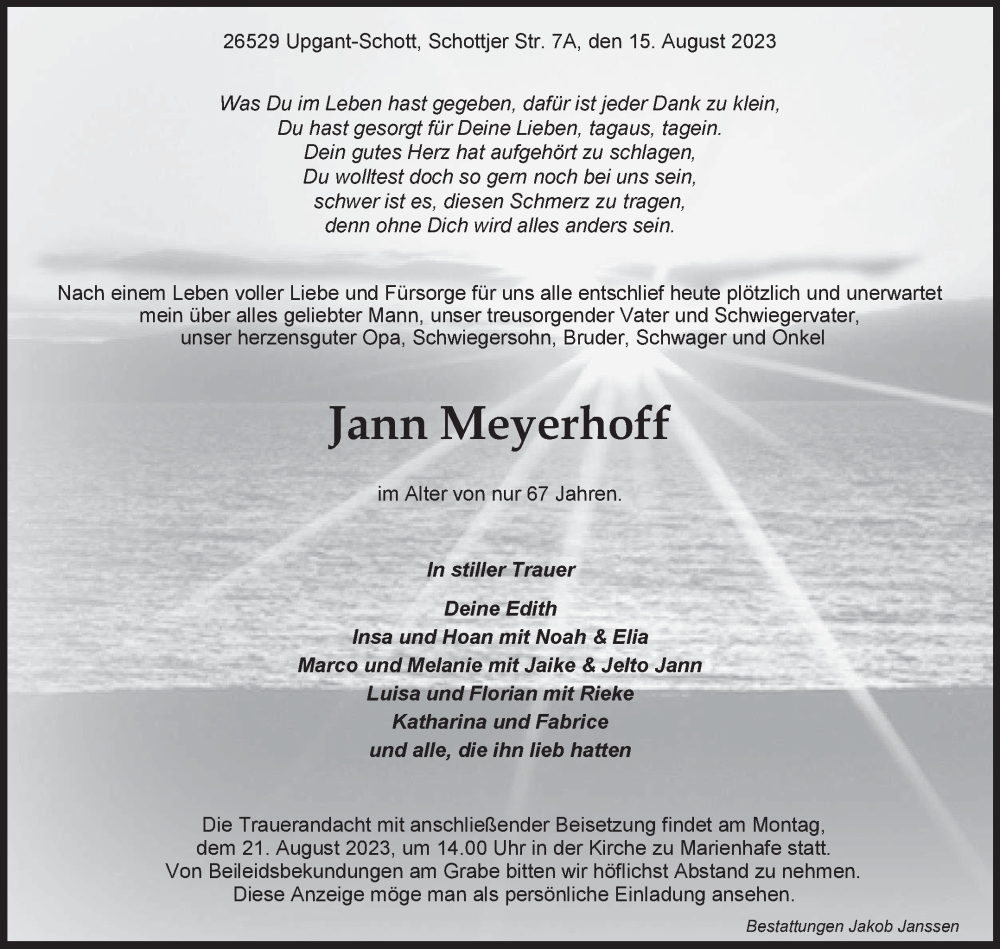  Traueranzeige für Jann Meyerhoff vom 17.08.2023 aus Ostfriesischer Kurier