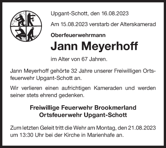 Traueranzeige von Jann Meyerhoff von Ostfriesischer Kurier