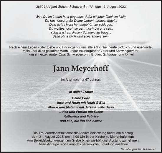 Traueranzeige von Jann Meyerhoff von Ostfriesischer Kurier