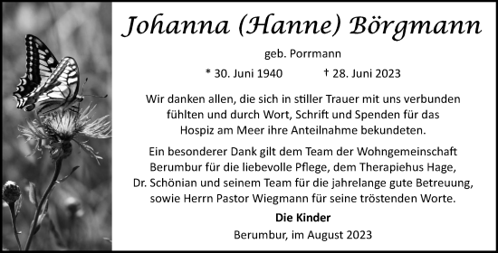 Traueranzeige von Johanna Börgmann von Ostfriesischer Kurier