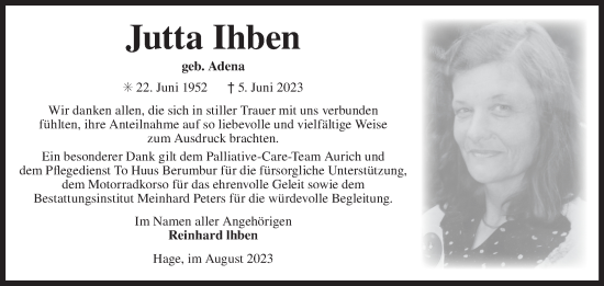 Traueranzeige von Jutta Ihben von Ostfriesischer Kurier