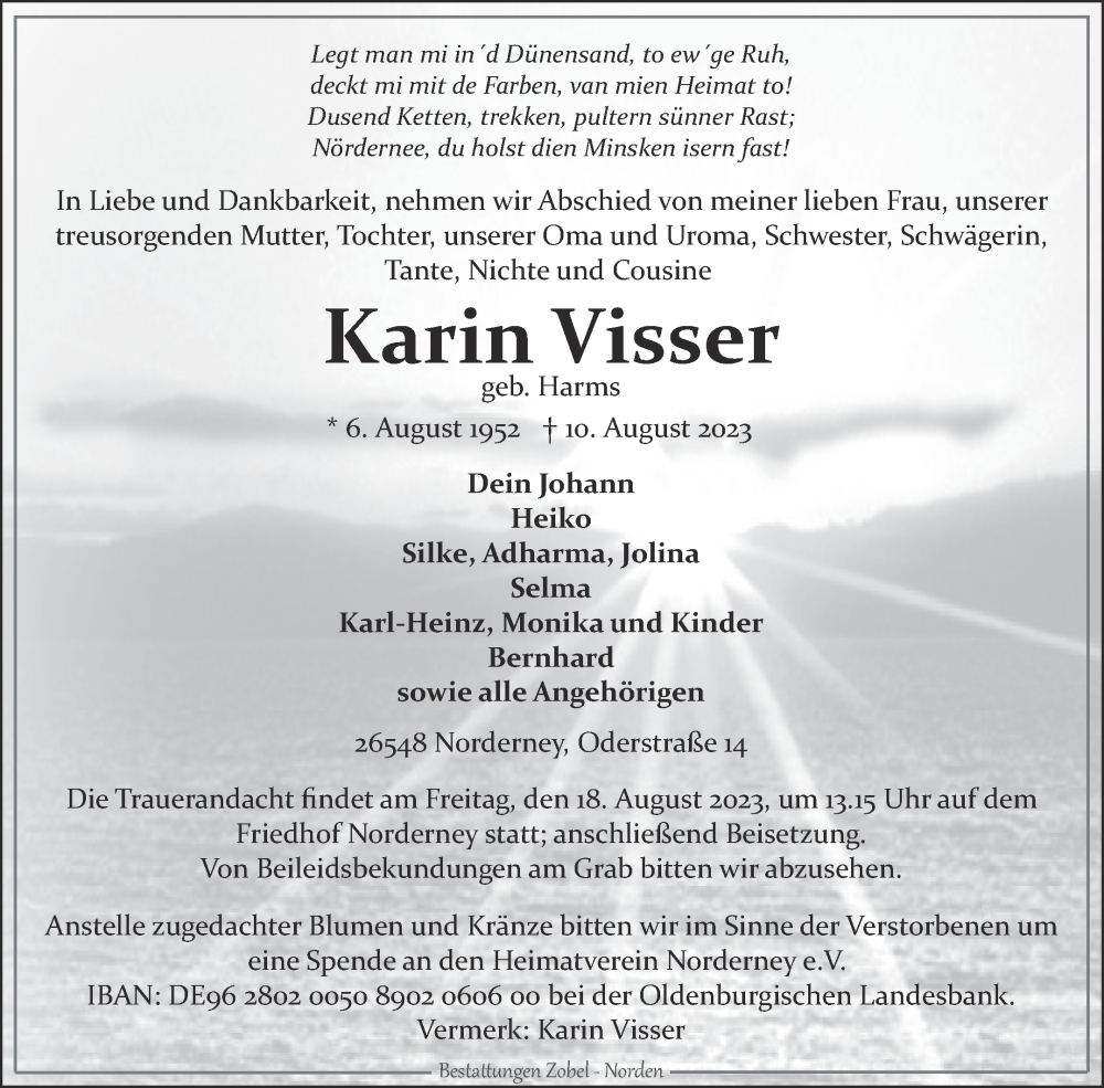  Traueranzeige für Karin Visser vom 15.08.2023 aus Ostfriesischer Kurier