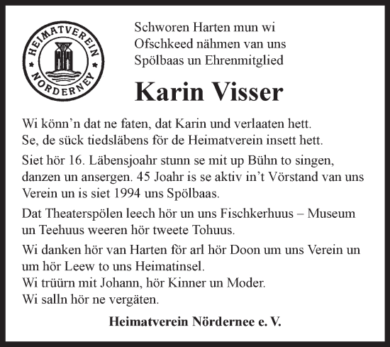 Traueranzeige von Karin Visser von Ostfriesischer Kurier