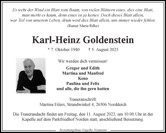 Traueranzeige von Karl-Heinz Goldenstein von Ostfriesischer Kurier
