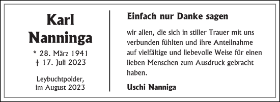 Traueranzeige von Karl Nanninga von Ostfriesischer Kurier