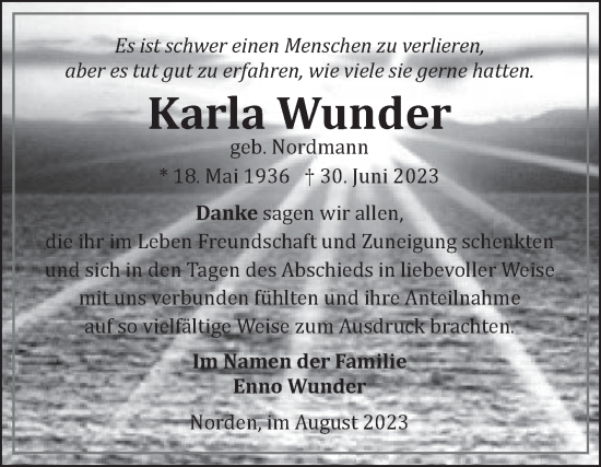 Traueranzeige von Karla Wunder von Ostfriesischer Kurier